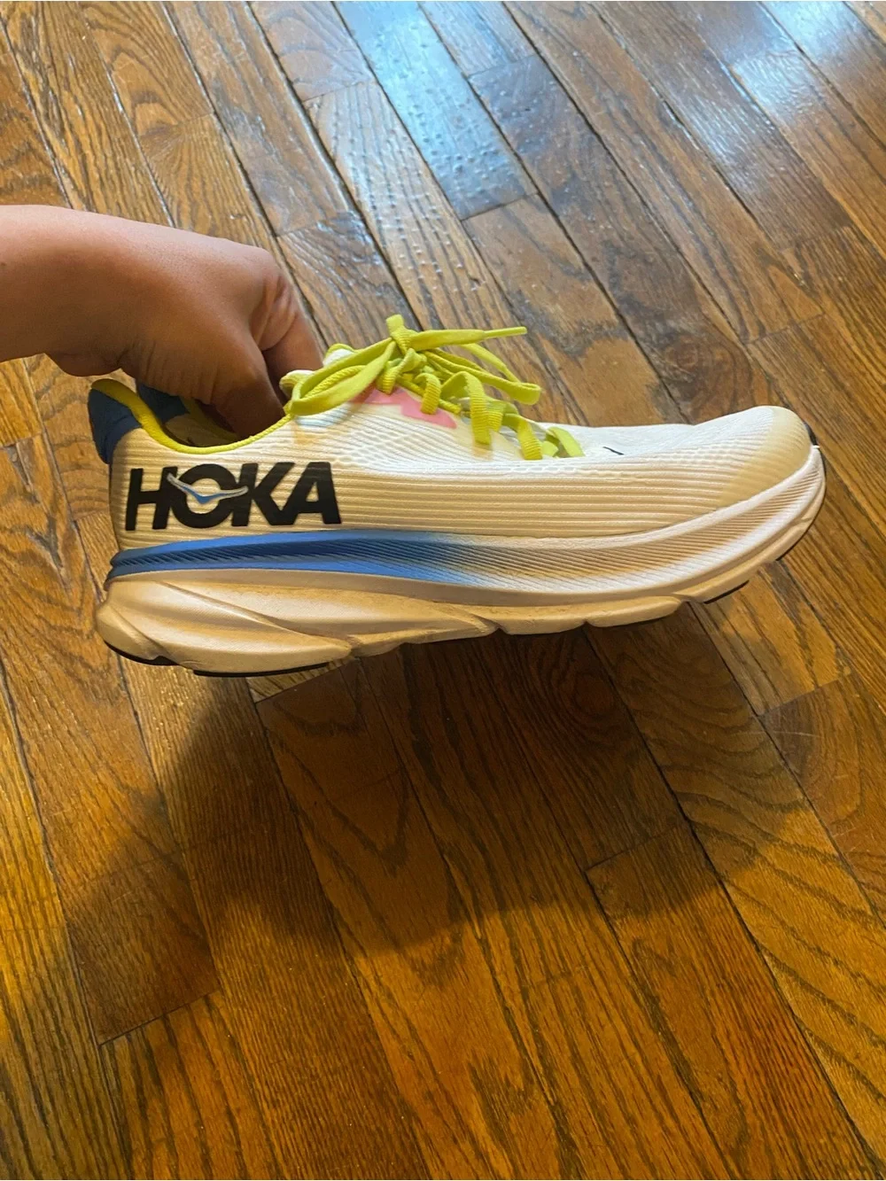 Hoka White Athletic Shoes with Blue Gradient and Neon Yellow Laces
